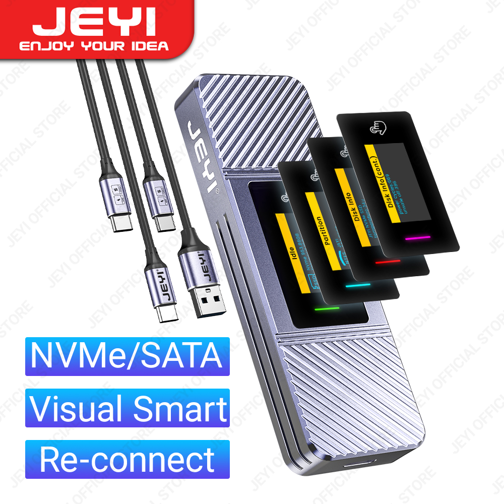 JEYI Visual Smart M.2 NVMe / SATA SSD Enclosure, USB 3.2 Gen 2 10Gbps, External M2 Adapter Case Support M-Key B+M Key UASP Trim, Monitoring Real-time Temperature, Read/write Speed, Health Status Percentage, Unsafe Shutdowns and etc. ราคา 877 บาท*ส่งฟรี