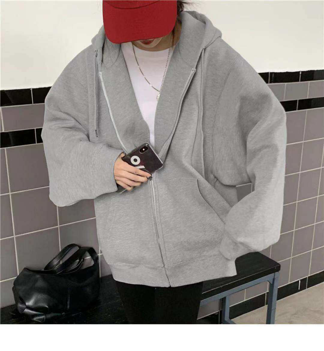 PWAE Hoodies Jacket for Women Korean Oversize Gray Hooded Sweater for Women Zipper Jacket Women's Ins Trend Tops for Women