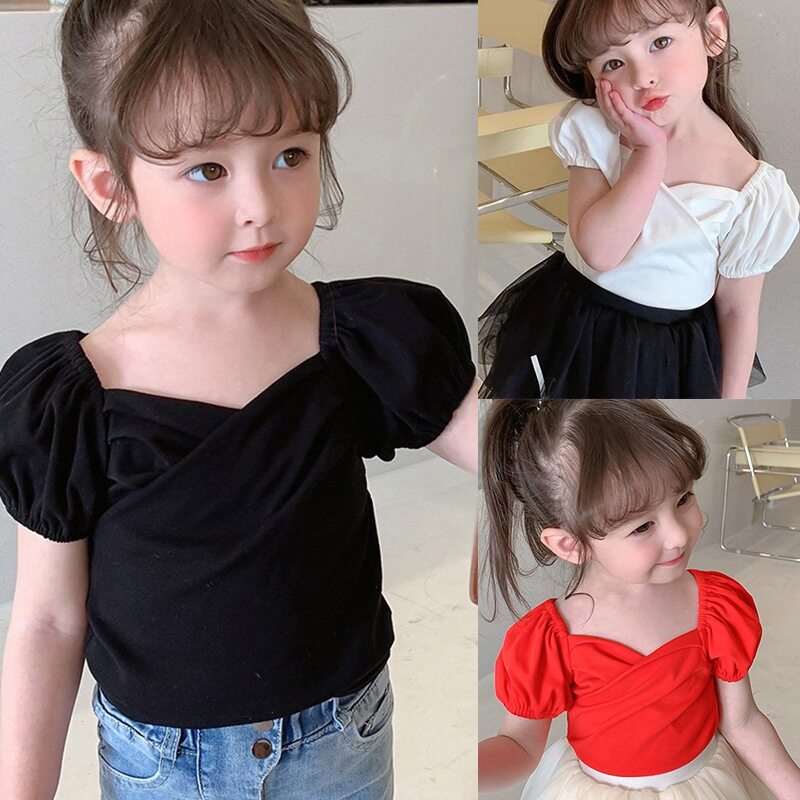 2-8Years Girls Sweet Tops Solid Color Square Collar Short Sleeve Blouse
