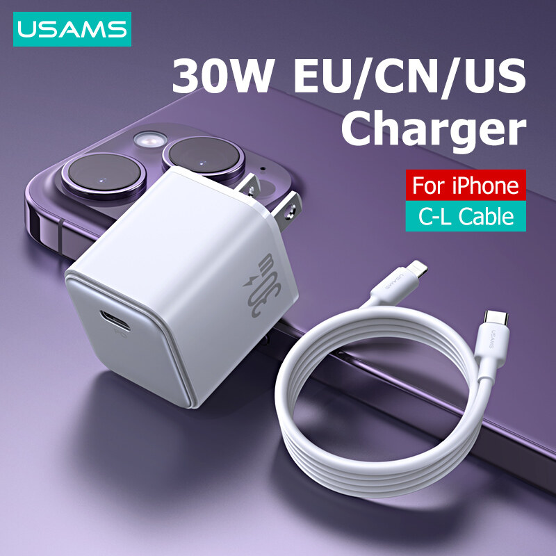 Usams pd30w USB C Sạc Loại C sạc nhanh + cáp sạc Lightning Bộ chuyển đổi điện tường cho Iphone 14 13 Pro Max