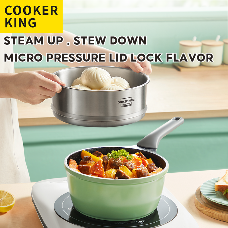 Gambar READY STOCK_COOKER KING?Healthy Granite Nonstick?Nonstick Sauce Pan Sauce Pot Maifan Stone Pot Granite Stone Pot Marble Pot Milk Pan Pots and Pans Cookware With Lid,Suitable For All Stoves Gas,Induction,Electric Stove?18cm,2L