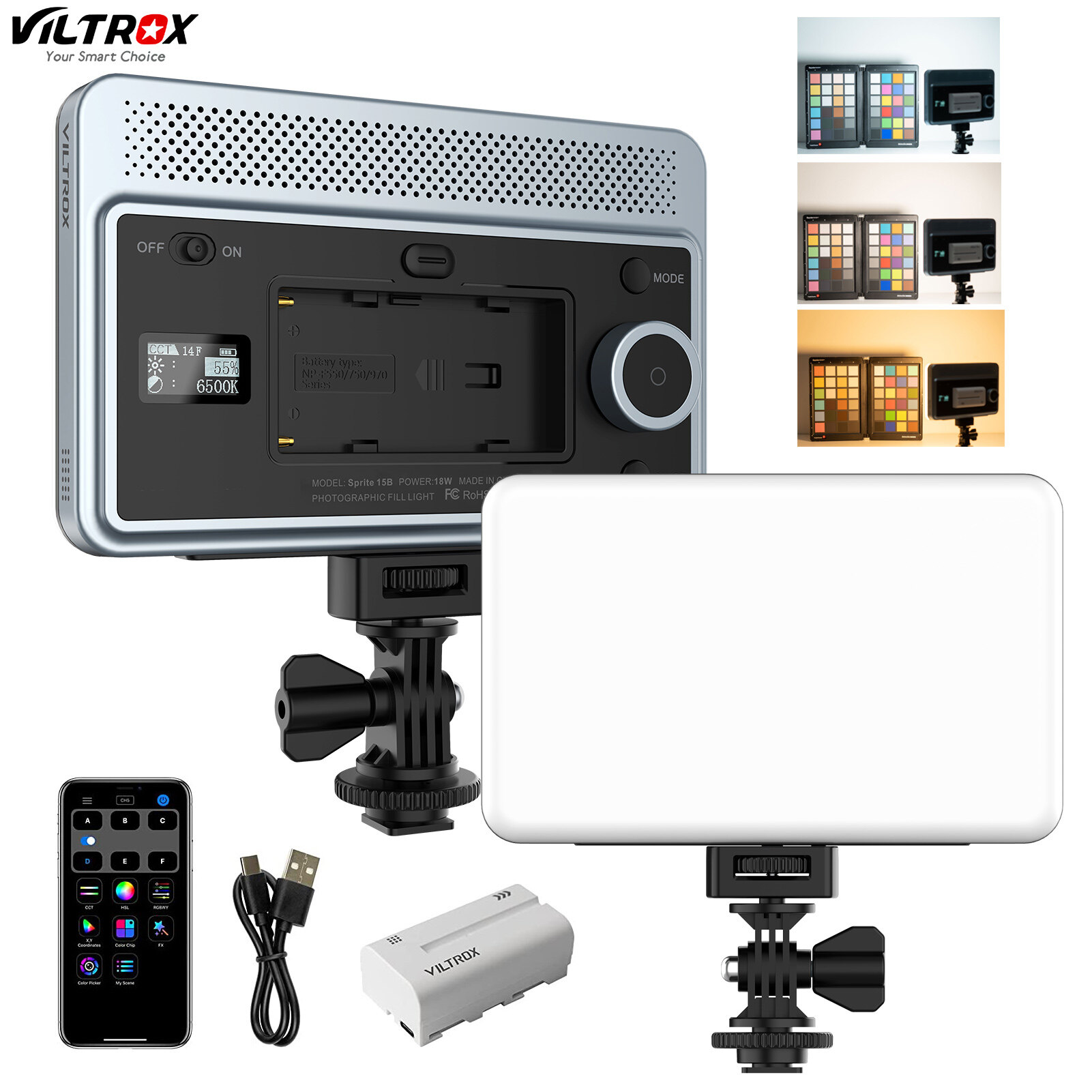 Viltrox sprite 15b đèn led quay video nhiếp ảnh đèn chiếu sáng phụ on-đèn máy ảnh bảng điều khiển 18w 2800k-6800k dimmable 10 fx hiệu ứng ánh sáng ứng dụng điều khiển từ xa với pin lạnh bộ chuyển đổi ngàm cho vlog phát trực tiếp sản phẩm cuộc sống ngưng đ