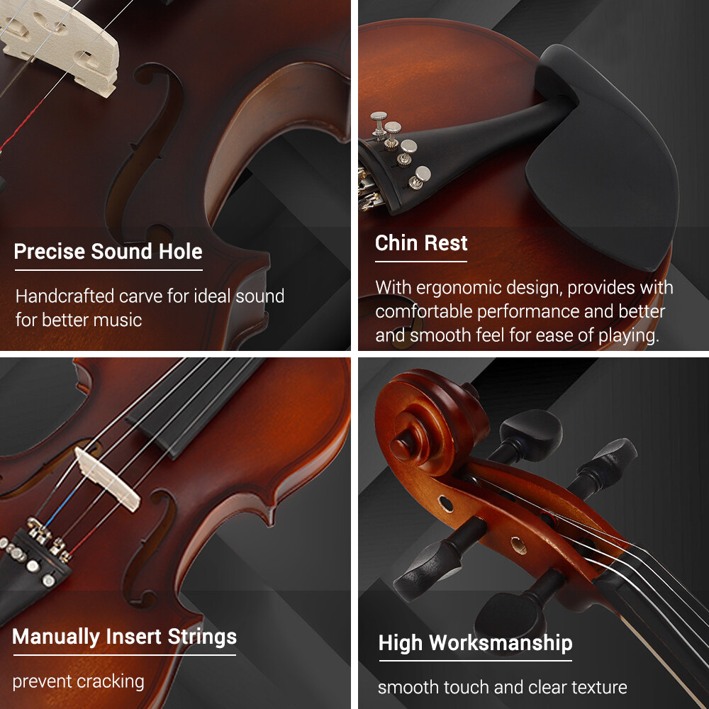 AV-590 Full Size 4/4 Violin Basswood Body Head Ebony Fingerboard Pegs Chin Rest Tailpiece for