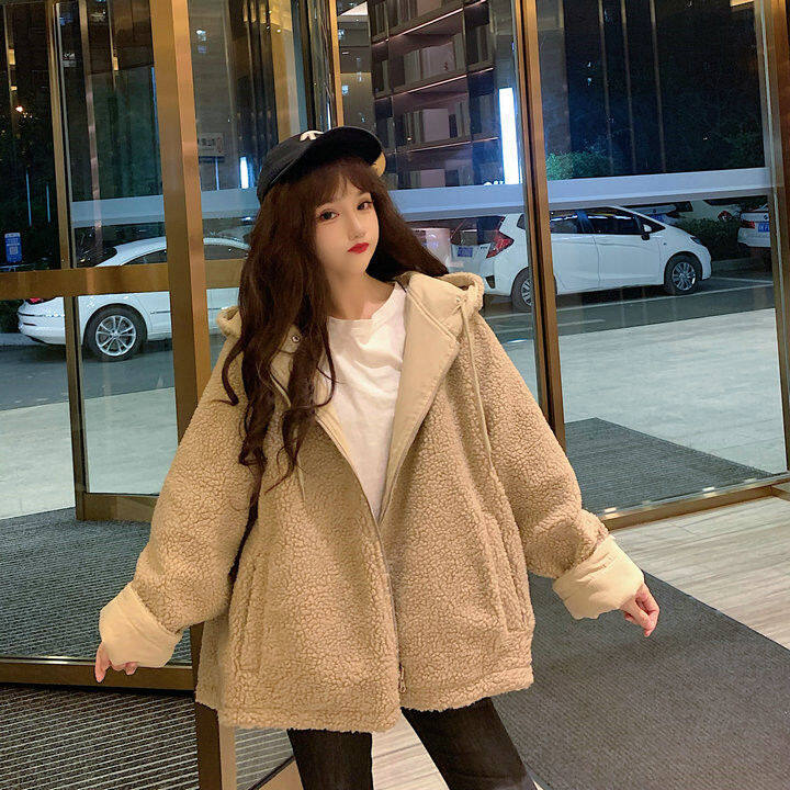 Thickened double-sided lamb wool coat for female ins students Korean style loose autumn and winter New Harajuku workwear cotton coat fashion