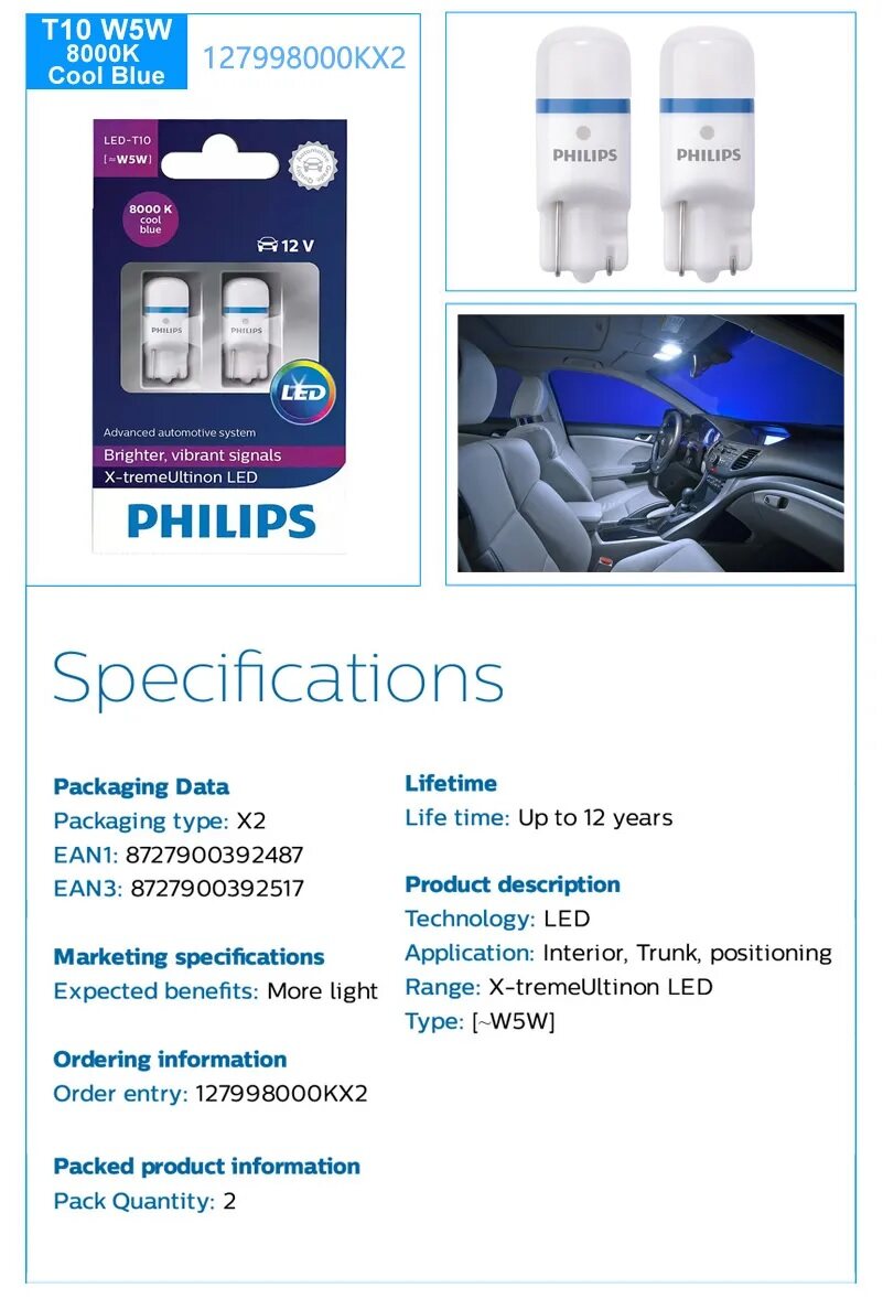 Philips LED T10 W5W 4000K 6000K 8000K X-treme Ultinon Signals LED