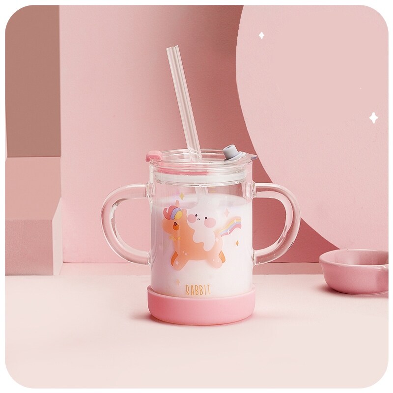 Gambar ?CW? Children Glass Water Cup CuteToddler DrinkWith Straw Leak Proof Rabbit Milk BottleScale Safety Milk Tumbler