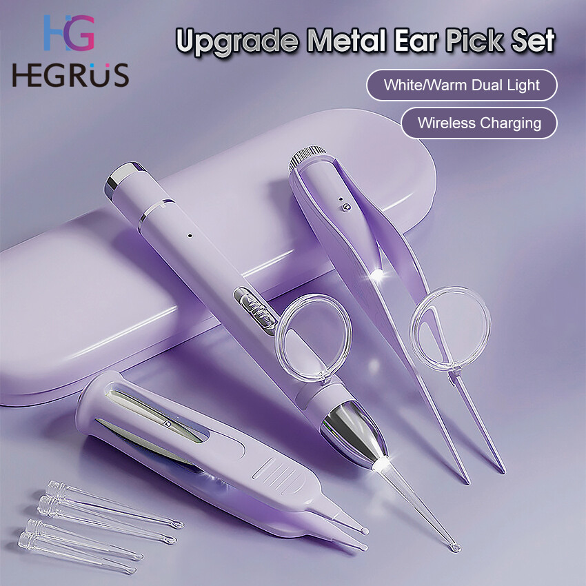 HEGRUS Ear Pick Luminous Ear Tweezer Rechargeable LED Ear Spoon 8x Magnifying Glass Ear Wax Removal Ear Cleaner Safe Ear Pick Rechargeable Ear Cleaning Tool with 2 Magnifier 4 Ear Spoon Heads for Baby Adult ราคา 216 บาท*ส่งฟรี