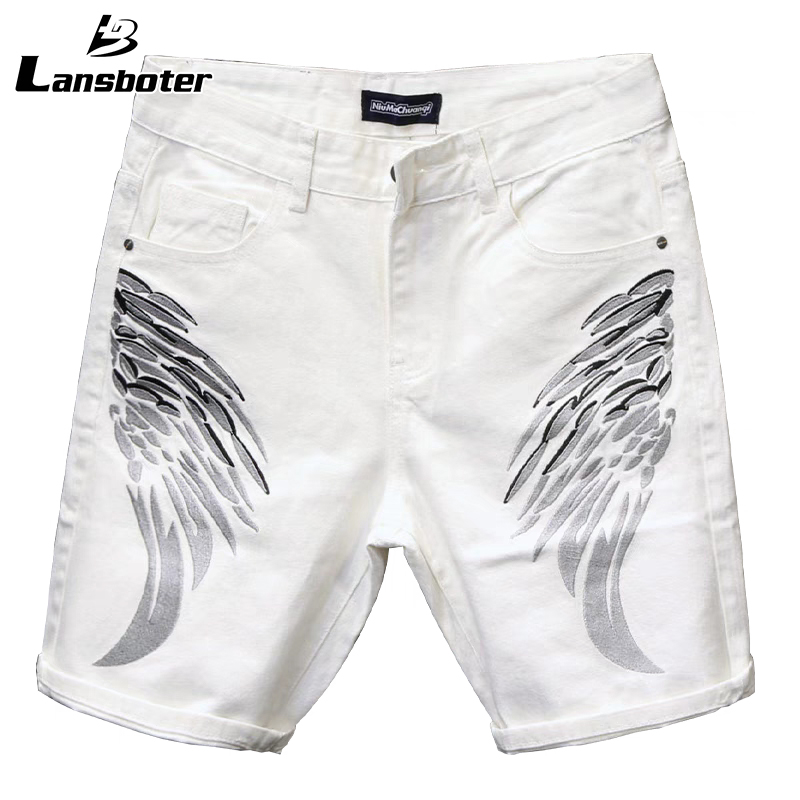 Lansboter men's white demin shorts wing print shorts