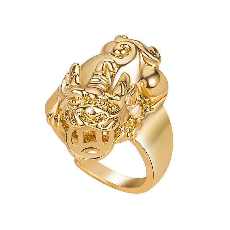 SM Gold Silver Pixiu Fengshui Mantra Ring for Men Style Adjustable
