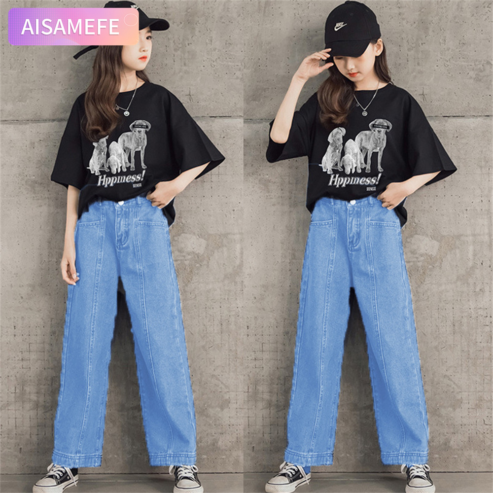 Aisamefe Girls' Summer New Set Animal Pattern T-shirt Children's Straight Tube Jeans Black and White Casual Two Piece Set (T-shirt+Jeans) ราคา 478 บาท*ส่งฟรี