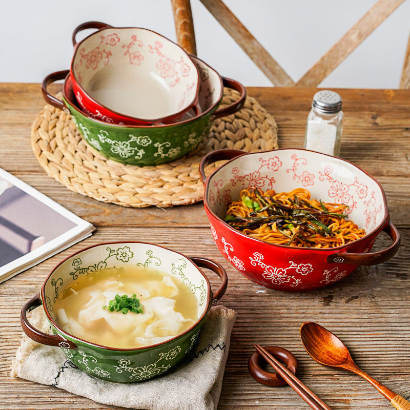 Gambar ?? Ready Stock?? Hand painted Binaural Soup Bowl Ceramic Bowl Salad Bowl Anti scalding Binaural Bowl