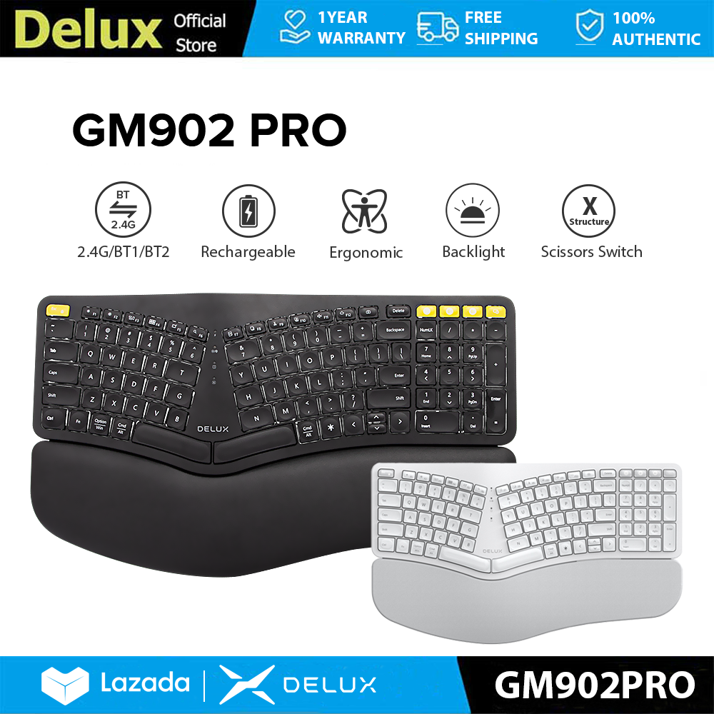 Delux gm902pro bluetooth 2.4g công thái học không dây bàn phím 101 phím có thể sạc lại với đèn nền cho windows/mac os