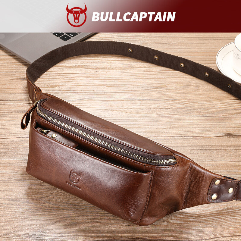 Bullcaptain đầu Lớp da bò Túi đeo hông cho nam cổ điển một bên vai Crossbody 8-inch đa chức năng