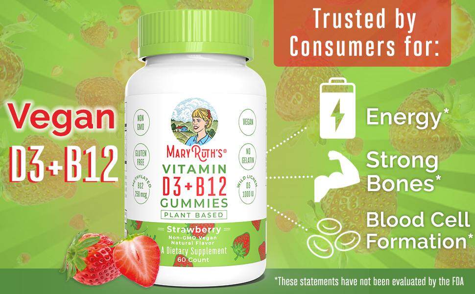 Vitamin D3 Vegan B12 methylcobalamin organic lichen plant based women gummy boost non-gmo