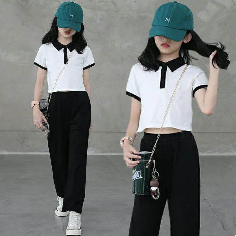 Bộ quần áo cho bé gái mùa hè tuổi teen trang phục 2023 áo polo ngắn tay cho trẻ em + quần ống rộng 2 món quần áo trẻ em 6 7 8 10 12 tuổi