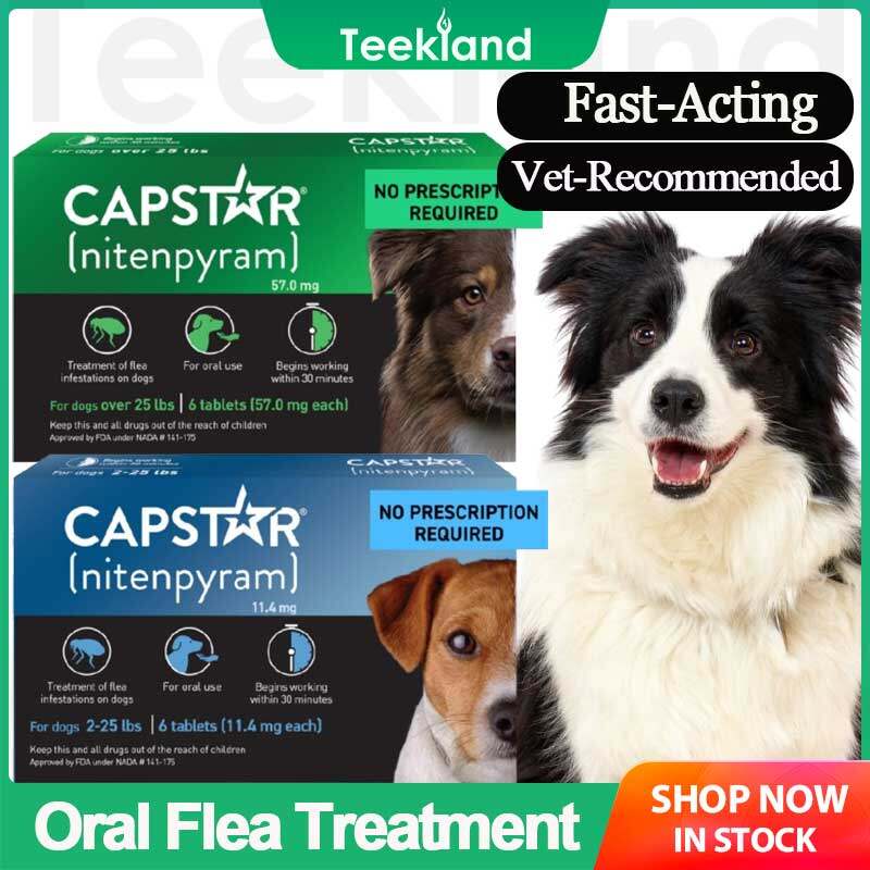 Thuốc trị bọ chét dạng viên uống Capstar (Nitenpyram) tác dụng nhanh dành cho chó từ 2-25 pound trở lên, bắt đầu tiêu diệt trong vòng 30 phút, được bác sĩ thú y khuyên dùng.