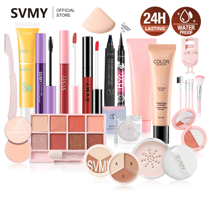 SVMY Makeup Sets 18Pcs Set BB cream Eyeliner Eye shadow Mascara Eyebrow pencil Lipstick Protective cream Loose powder Concealer Pre makeup lotion Grooming  Eyebrow knife  Eyelash curler Powder puff Brush