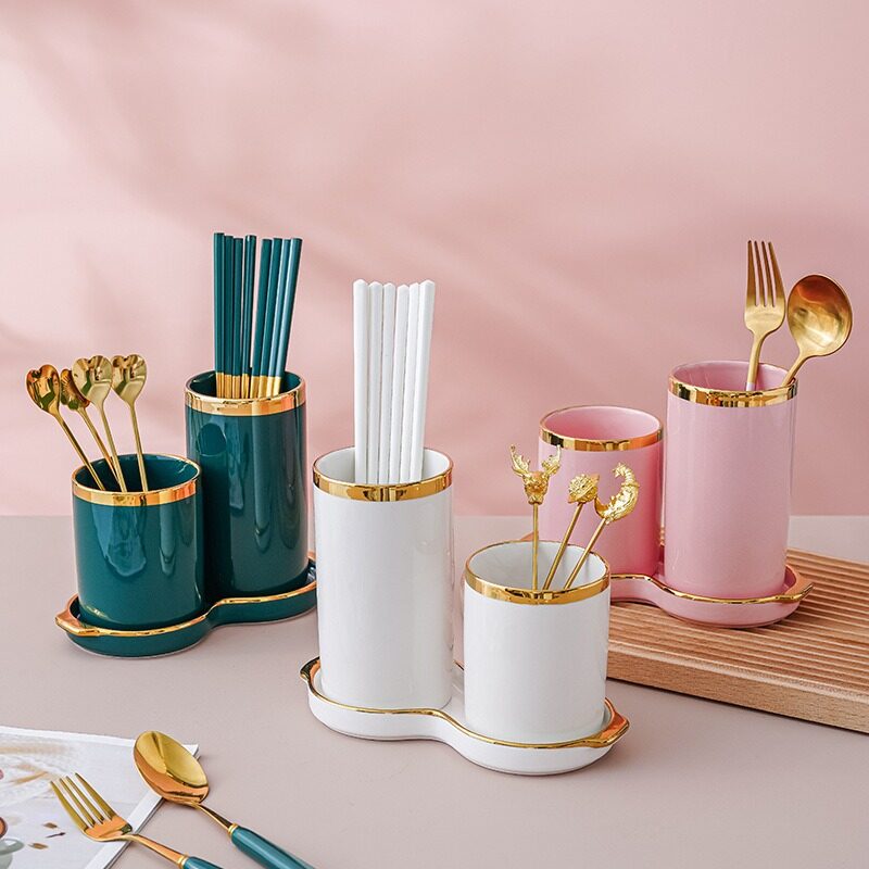 Gambar Nordic Ceramic Drain Chopstick Holder Kitchen Fork Spoon Storage Rack Household Creative Chopsticks Cage Chopsticks Basket Storage Box