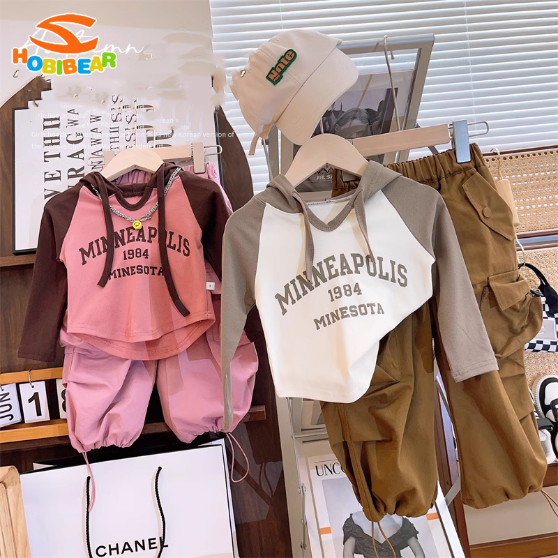HOBIBEAR Children's set cute Korean Fashion Spring and Autumn Thin Style Overalls Hooded raglan sleeve leisure sports Girls' set ราคา 477 บาท*ส่งฟรี