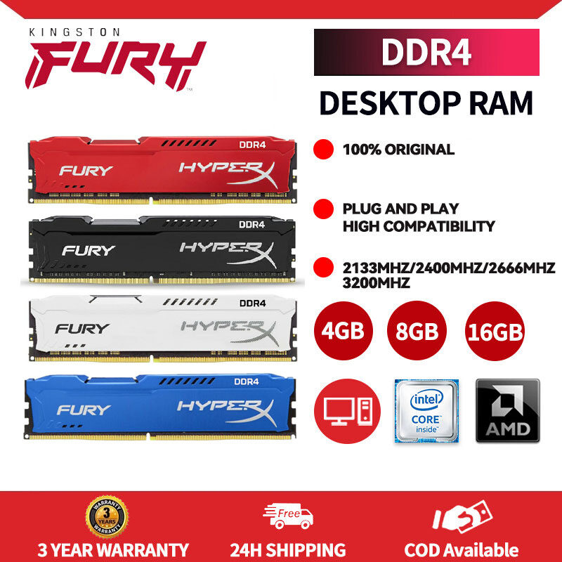 Kingston HyperX Fury RAM DDR4 8GB 16GB 4GB 3200MHz 2666MHz 2400MHz 2133MHz Bộ nhớ máy tính để bàn Di