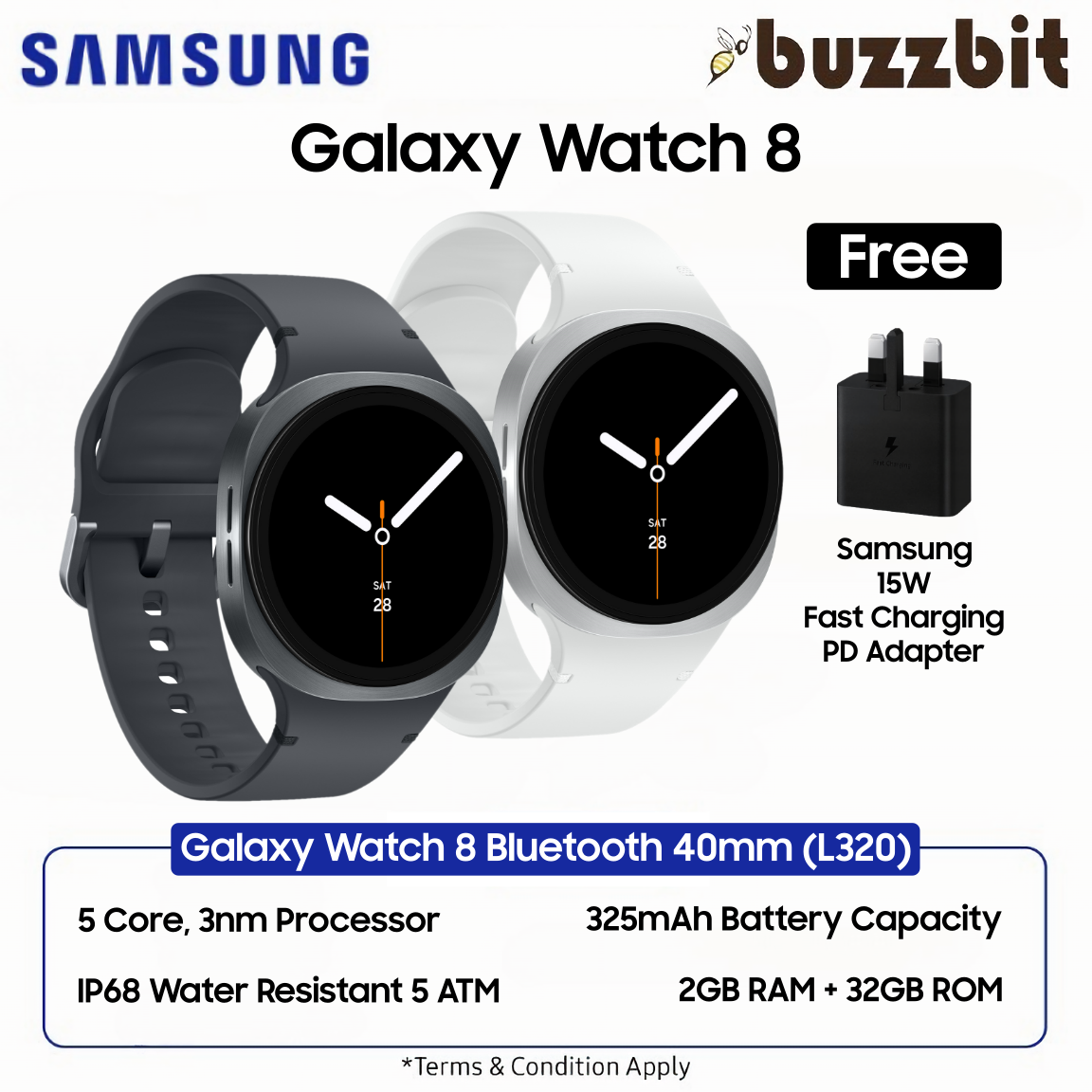 SAMSUNG Galaxy Watch8 / Watch 8 40mm Bluetooth Smartwatch With 15W Power Adapter | Samsung Malaysia Warranty