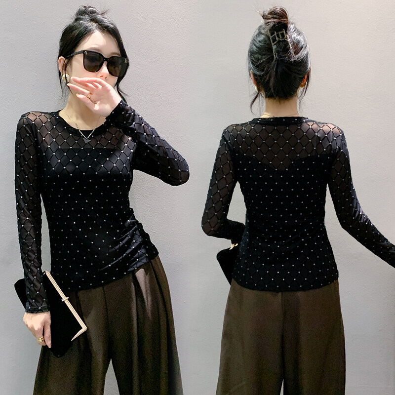 Yimei Áo sơ mi nữ xinh đẹp 2023 mùa thu cổ áo cao mới Áo lót màu đen áo thun lưới tay áo dài QUẢNG CHÂU thời trang áo thun lấp lánh màu bạc bán chạy lấp lánh