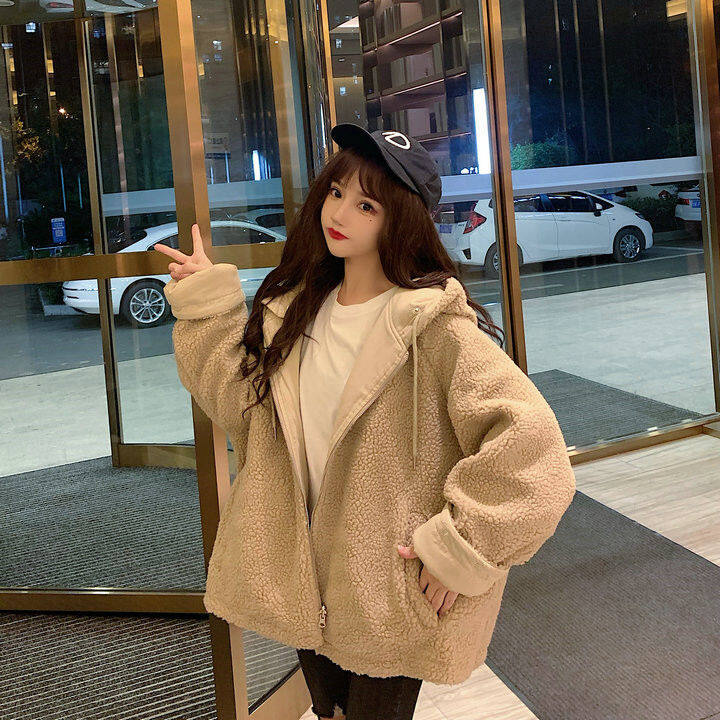 Thickened double-sided lamb wool coat for female ins students Korean style loose autumn and winter New Harajuku workwear cotton coat fashion