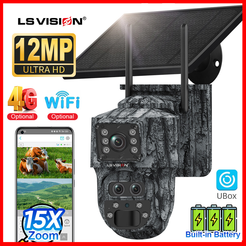 LS tầm nhìn 12MP 4G/Wifi 3 Ống kính 2 Màn hình năng lượng mặt trời Camera CCTV 15x Zoom ngoài trời không thấm nước thông minh liên kết không dây CCTV hình người theo dõi PTZ máy quay IP an ninh cho sân vườn trang trại (ứng dụng: UBOX)