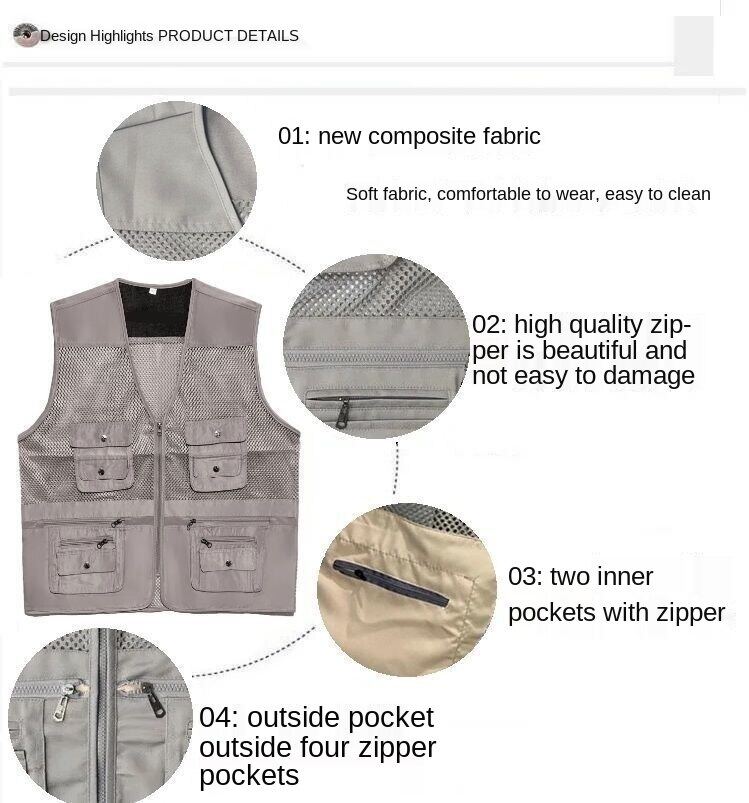 Summer multi-pocket vest man breathable thin mesh vest middle-aged and old father clothes loose large size fishing vest