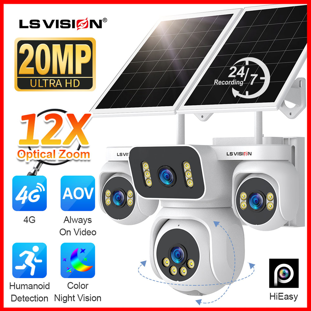 LS VISION 20MP 24/7 Recording Dual Solar Panel 4 Lens 4 Screen AOV 4G Solar CCTV Camera 12X Optical Zoom 14400mAh Batteries Human Tracking PTZ Camera Full Color Night Vision Outdoor Waterproof IP Cameras ราคา 2,696 บาท*ส่งฟรี