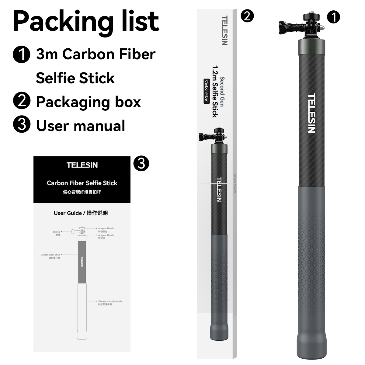 TELESIN 3M Invisible Carbon Fiber Selfie Stick Pole Long for GoPro Hero 13 12 11 10 9 DJI OSMO Action 5 4 3 Insta360 X4 Lightweight Extension Waterproof Underwater Diving Monopod