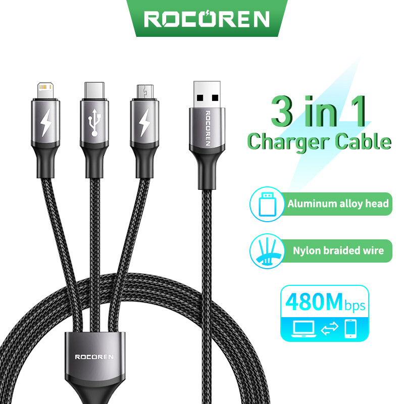 Rocoren 3 trong 1 loại usb c cáp cho iphone 15 14 13 pro max usb sạc nhanh sạc dây cáp cho xiaomi samsung micro dây dữ liệu