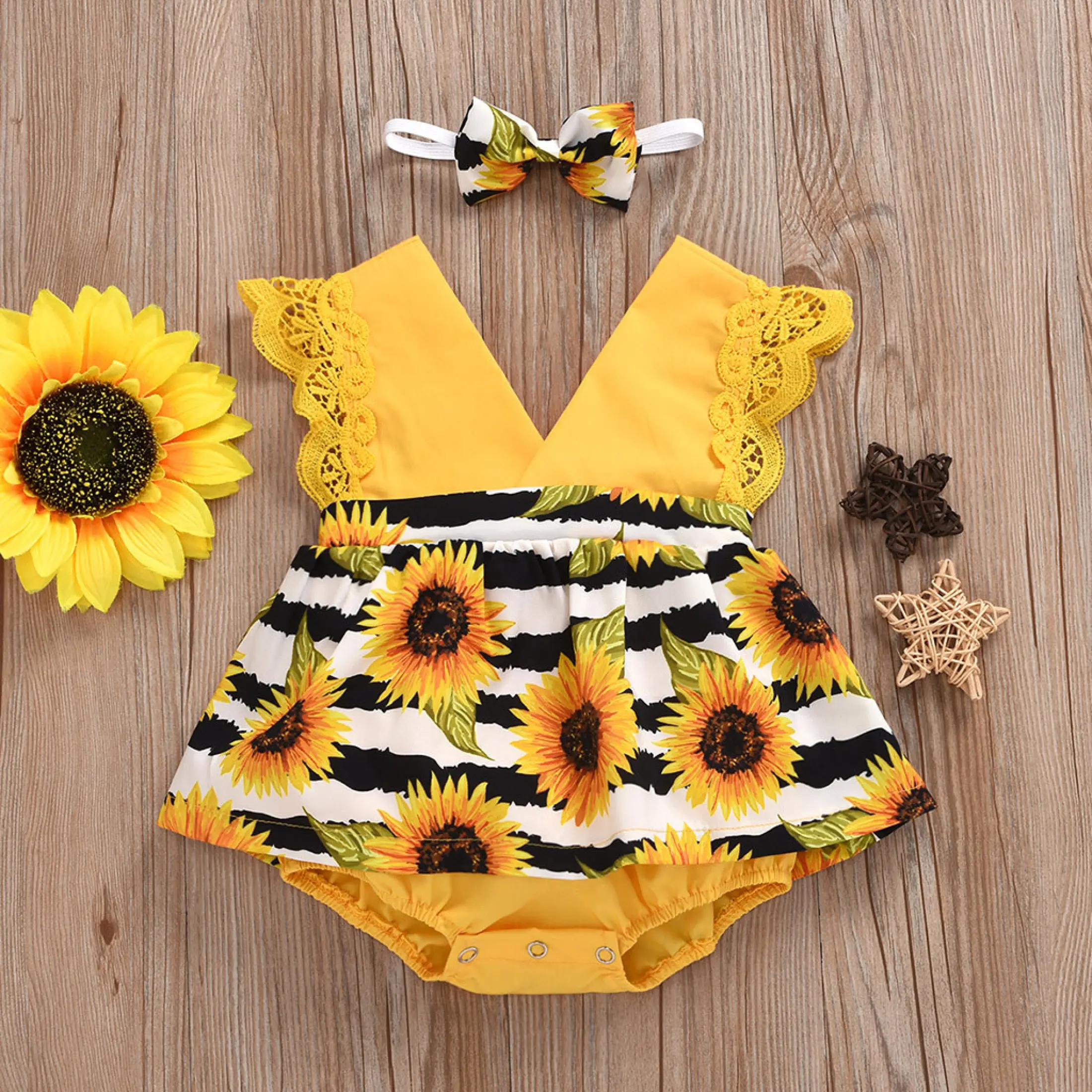 Infant Baby Girls Sleeveless Sunflower Print Lace Romper Dress+Headband Outfits