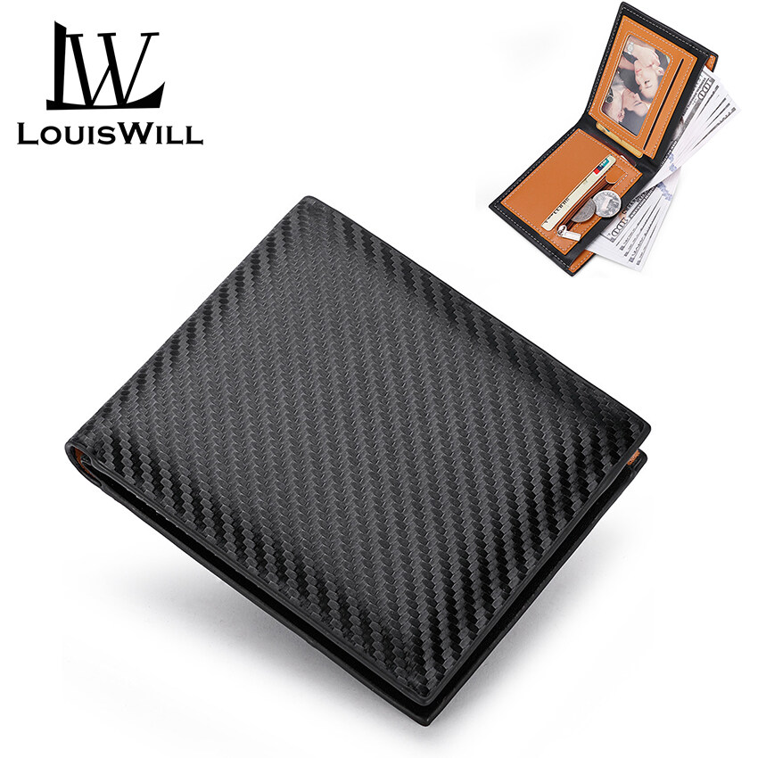 Louiswill ví nam ví có thể gập nam ví ngắn pu kiểu sợi carbon ví sức chứa