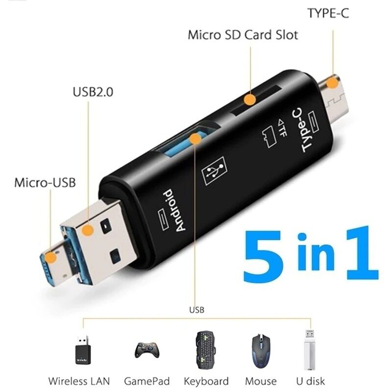 Đầu đọc thẻ nhớ usb 2.0 type c/usb /micro usb/tf/sd đa năng 5 trong 1 bộ chuyển đổi đầu đọc thẻ otg phụ kiện điện thoại di động