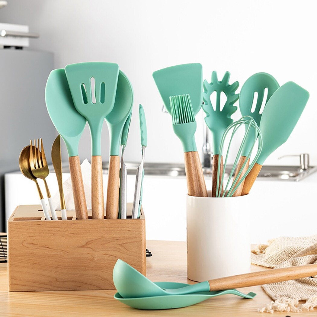 Gambar Mint Green Kitchen Utensil Non Stick Wood Handle Cooking Utensil Premium Silicone Material Cooking Spatula Spoon Home Supplies