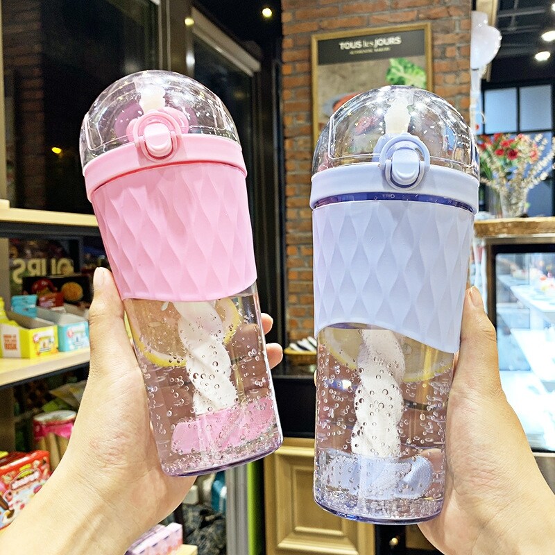 Gambar 500ml Creative Cartoon Cute Mixing Water Bottle With Straw Portable Plastic Fruit Drink Cup Outdoor Sports Shaker Bottle