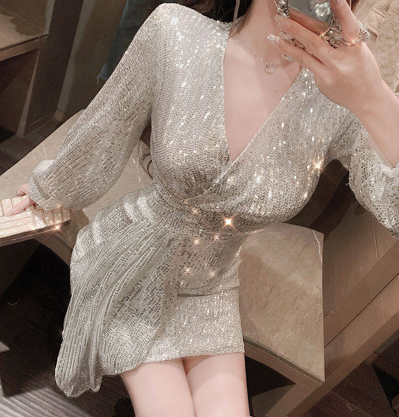 đầm kim sa lấp lánh Phụ nữ Pháp Đầm dự tiệc 2022 New Sequin Dress Slim váy kim sa nữ V Cổ dài Tay áo Váy Nổi tiếng Tính khí Bất thường Ăn mặc