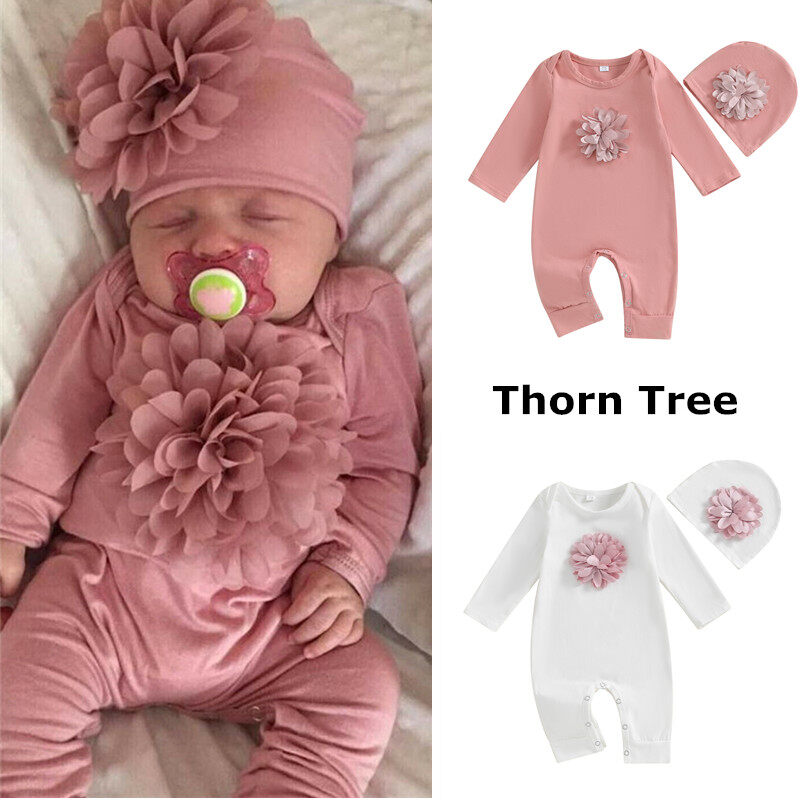 Newborn Baby Girl Clothes 3D Flower Romper Jumpsuit Overall Hat Outfit Set