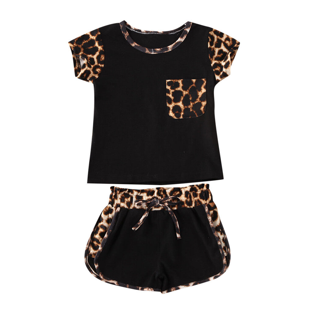 Toddler Kids Baby Girls Leopard Print T-shirt Top+Shorts Outfits Sports Clothes