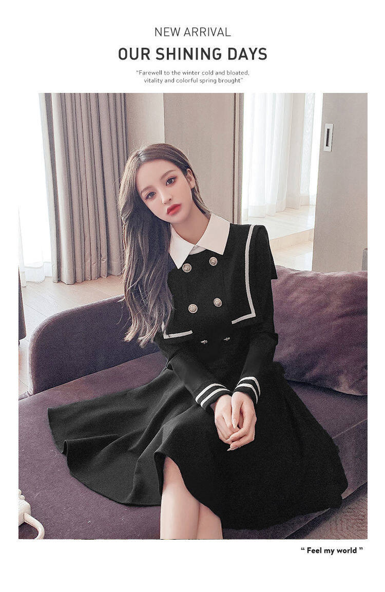 Navy style dress for women 2021 Spring and Autumn new small waist-tight temperament contrast color college style long sleeve A- line dress