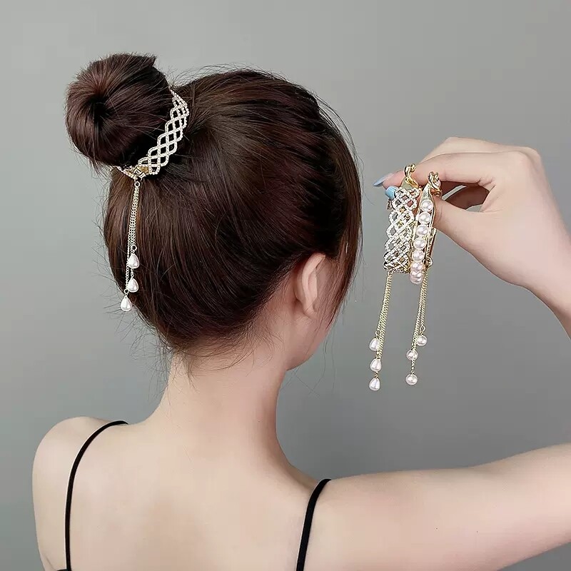 Kẹp tóc tua rua lưới ngọc trai kẹp đầu bi đơn giản phụ kiện tóc
