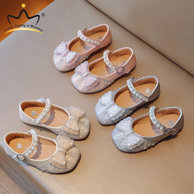 Pearl Bowknot Princess Shoes PU Leather Shoes Pearl Soft Footwear Flat