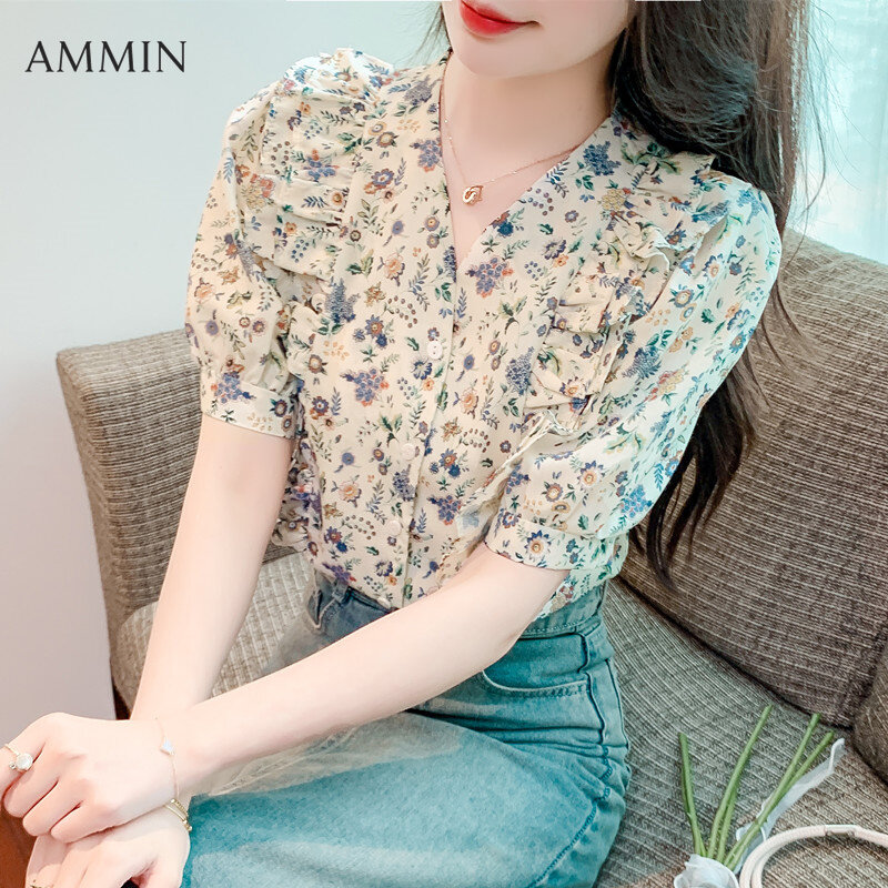 Ammin phong cách Hàn Quốc Nữ Ngắn Tay Ruffle khâu v-cổ áo choàng hoa