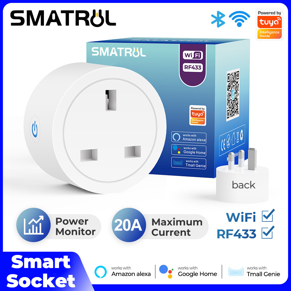 SMATRUL Ổ Cắm Thông Minh 20A Tuya Smartlife WiFi + RF433 UK Bộ Chuyển Đổi Ổ Cắm Ổ Cắm Điều Khiển Từ Xa Không Dây Màn Hình Nguồn Hẹn Giờ Bằng Giọng Nói Ứng Dụng Cho Google Home Alexa Tmall Genie