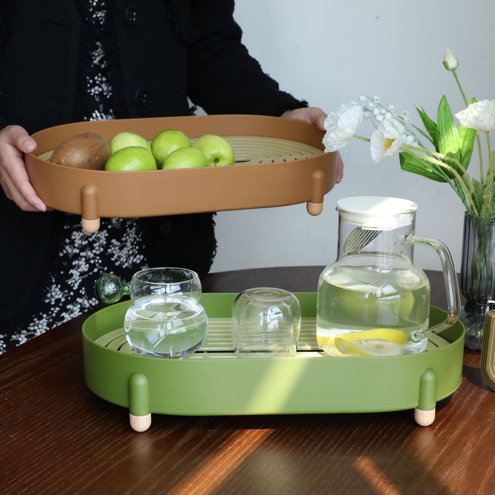 Gambar ?? Ready Stock?? Nordic Style Tea Tray Large Living Room Drain Tray Double layer Tray Plastic Creative Fruit Storage Tray
