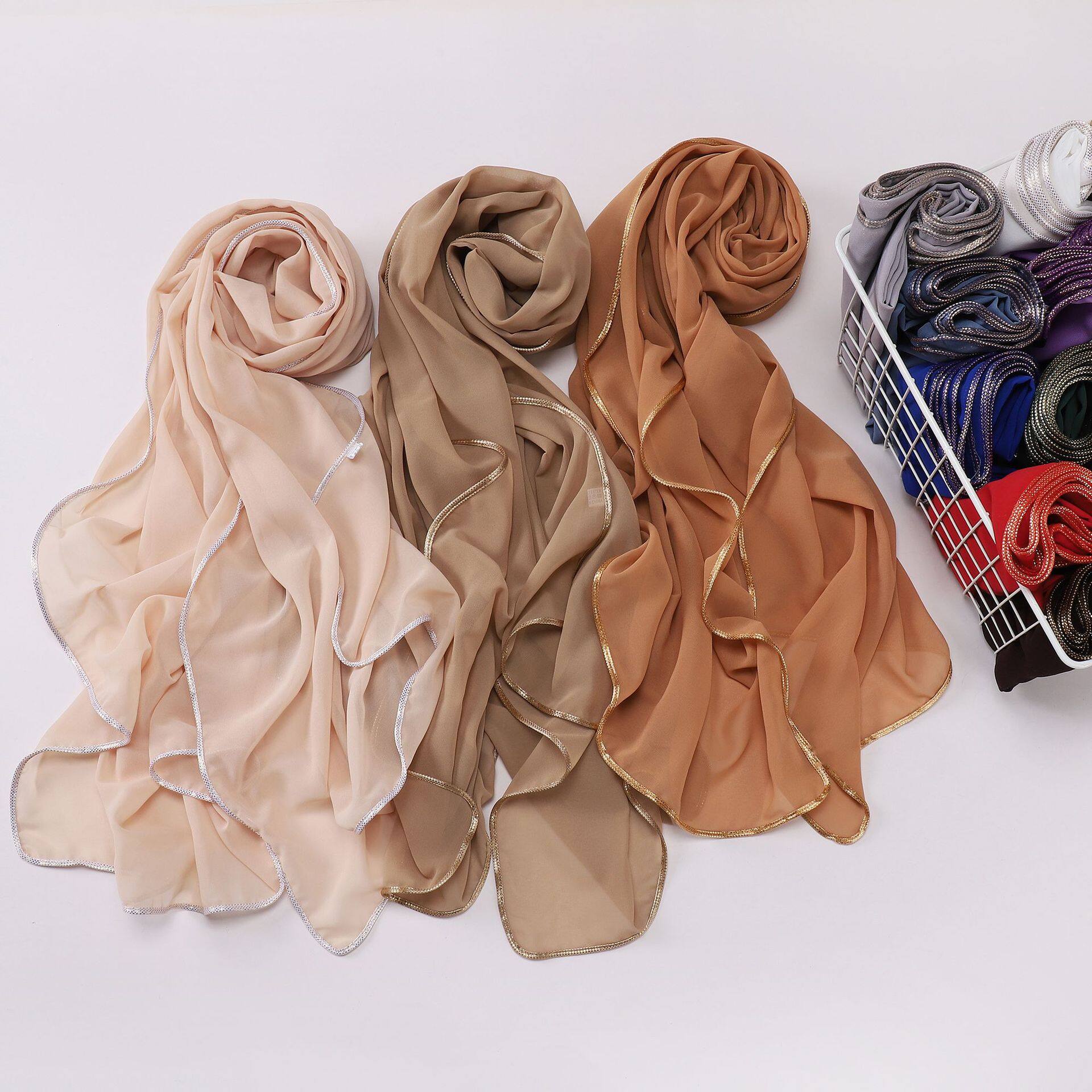 Jifang Bạc/Vàng ràng buộc đồng bằng Chiffon cát khăn choàng khăn quàng Pashmina dài khăn choàng đầu khăn trùm đầu hijab hồi giáo khăn choàng wc116