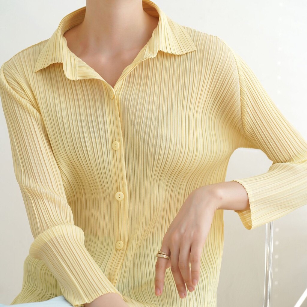 Miyake xếp li áo sơ mi áo sơ mi cơ bản ve áo cổ áo dài tay áo nút top