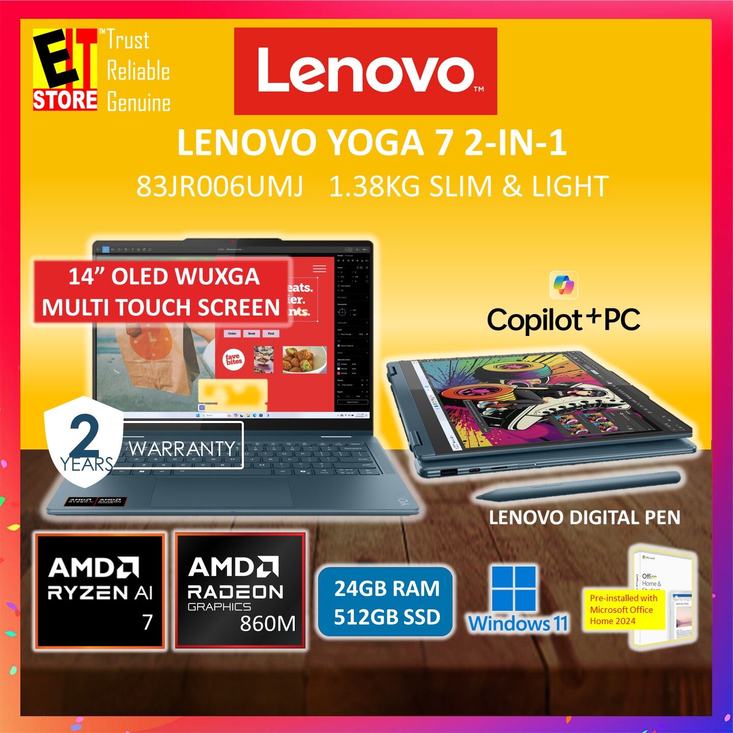 Lenovo Laptop Yoga 7 2-in-1 83JR006UMJ (Ryzen AI 7 350/24GB/512GB SSD/14" OLED WUXGA (1920x1200) TOUCHSCREEN/AMD Radeon 860M/OFFICE HOME 2024/LENOVO AI NOW/W11/BAG/2Y)
