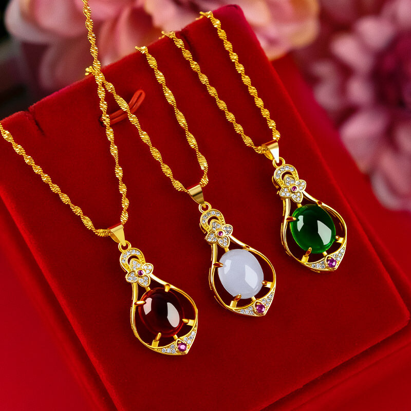 Mặt dây chuyền ngọc bích dát vàng vòng cổ mặt dây chuyền hình giọt nước đá quý cỏ bốn lá phong phú thời trang cho nữ